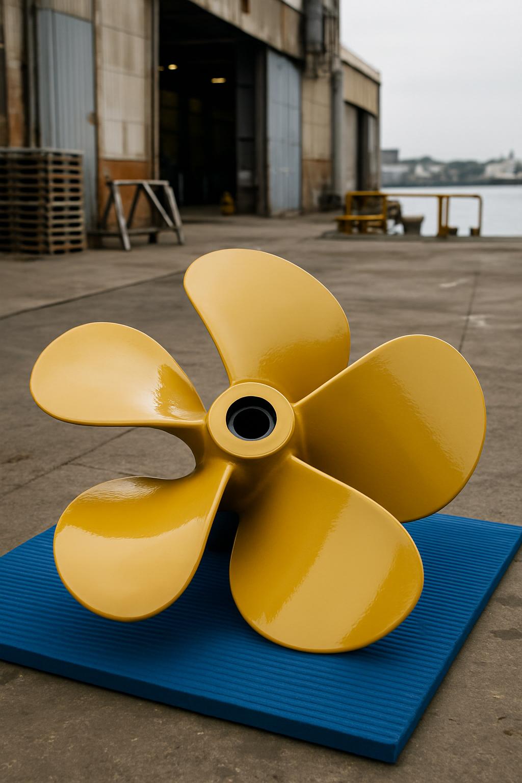 A yellow propeller on a bright blue mat, situated outside an industrial warehouse/boatyard, with water alongside.